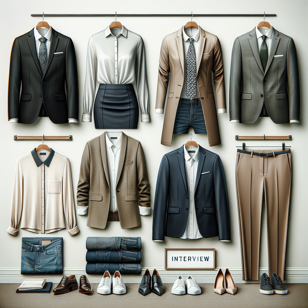 An array of must-have interview outfits arranged meticulously. A male Black executive suit with a crisp white shirt and patterned tie is on display. Next to it is a Caucasian female's modern business casual: a stylish khaki blazer paired with a clean, white blouse and comfortable yet elegant navy trousers. There's also a Middle-Eastern male's smart casual outfit: a well-fitted, unstructured blazer, paired with designer jeans. Beside that is a South-Asian female's chic corporate attire: a pencil skirt suit in a soft shade of grey with a silk shirt. All these clothes reflect professionalism and preparedness.