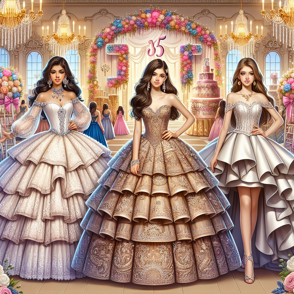 Stunning Quinceañera Styles: Find Your Perfect Look Depict a variety of stunning Quinceañera dresses. Display a South Asian teenage girl in an ornate voluminous gown with intricate beadwork, a Hispanic teen in an elegant off-shoulder dress with ruffles, and a Caucasian teenager in a modern, sleek fit-and-flare satin gown. Include details such as lace, rhinestones, and embroidered floral patterns. Create a backdrop of a beautifully decorated party venue with balloons, banners, chandeliers, and a large 15 shaped structure adorned with flowers. The scene should exude opulence, joy, and the coming of age celebration.