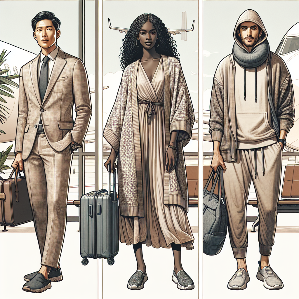 Must-Have Styles for Flying: Effortless & Trendy Create an image that showcases optimal style and comfort for air travel. On the left, depict an Asian man in a multipurpose neutral-toned travel suit, featuring wrinkle-free fabric and spacious pockets. In the center, show a Black woman in a stylishly layered ensemble, wearing a lightweight knit cardigan over a flowy dress, accessorized with an infinity scarf and slip-on shoes. On the right, illustrate a Middle-Eastern individual in comfortable loose-fitting clothing, a hoodie for warmth, and carrying a plush neck pillow for support. The background should hint at an airport lounge.