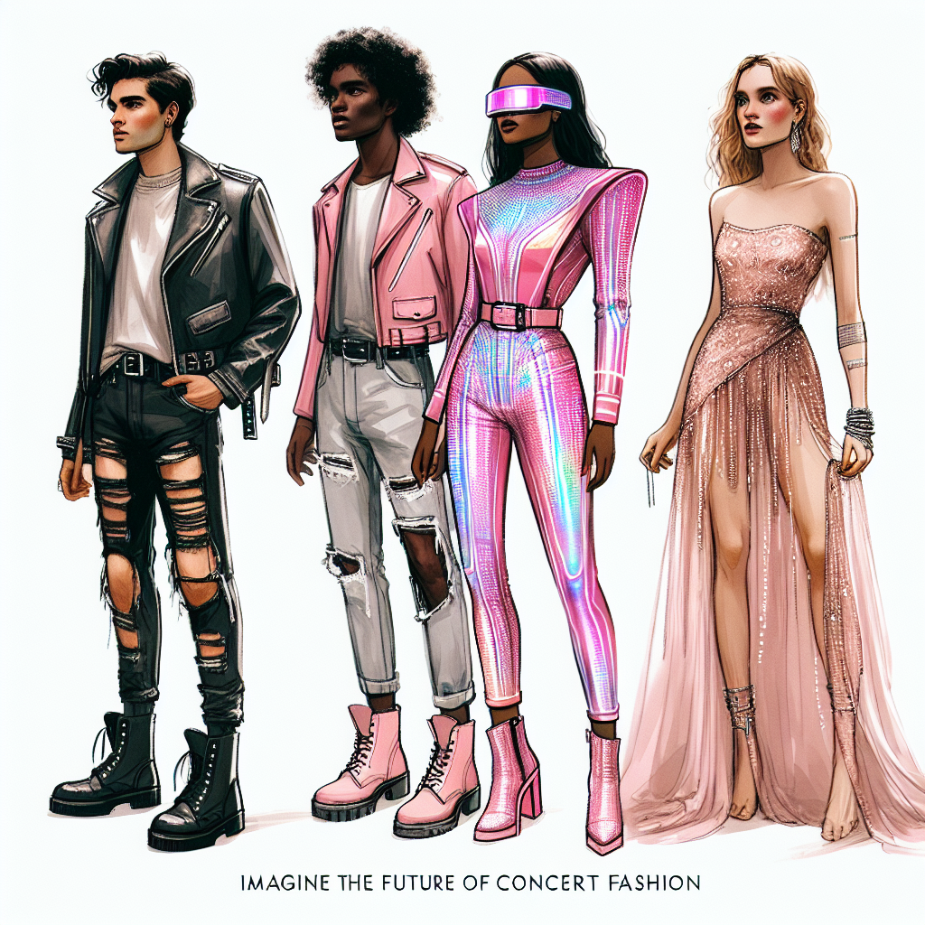 Stunning Outfits for Pink Concert 2024: Must-See Looks Imagine the future of concert fashion with this visual tour of stunning outfits. Depict three ensembles, each oozing with personality and standout details. The first outfit should be an exciting combination of a leather jacket, distressed denim, and combat boots, in various shades of pink. The second is a holographic pink jumpsuit prompting a future-retro vibe. The last one, a more feminine option, visualizes a flowing maxi dress in a delicate shade of blush pink adorned with intricate beadwork. All models are distinctly diverse, one is a South Asian male, another a black female, and the third a Caucasian non-binary individual.