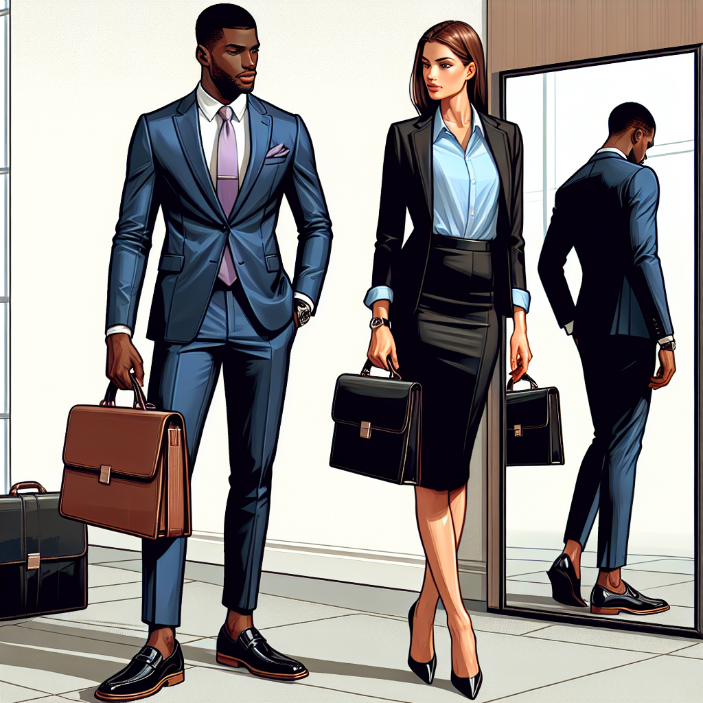 A well-dressed male and female duo preparing for job interviews. The male, a Black gentleman, is wearing a stylish navy-blue suit with a lavender tie, well-polished black loafers, and carrying a luxurious brown leather briefcase. The female, a Caucasian woman, sports a contemporary black pencil skirt suit, a sky-blue blouse, neat black pumps, and a black leather portfolio. They stand in front of a large mirror, examining their appearances, focused and determined, ready to conquer their interviews.
