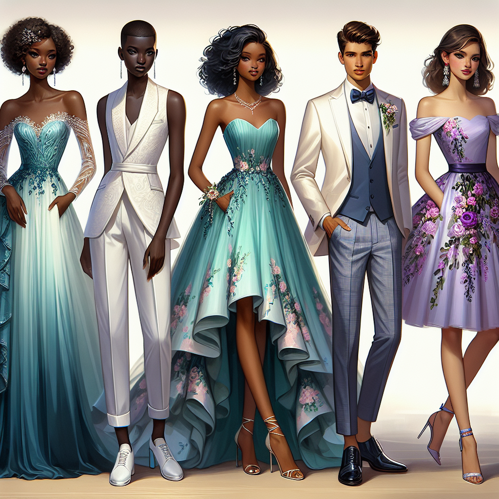 Stunning Quinceanera Guest Outfits: Effortless Elegance Visualize an array of stunning guest outfits designed for a Quinceanera celebration. Imagine a fashion display with a variety of ensembles representing effortless elegance. There are three main outfits: 1) a long, flowing turquoise gown worn by a Black woman; 2) a crisp, tailored white suit worn by a Hispanic man, and 3) a purple floral print cocktail dress worn by a Caucasian woman. Each outfit showcases unique accessories compatible with the theme of the day. The overall ambiance of the image should capture the essence of a joyous Quinceanera celebration.