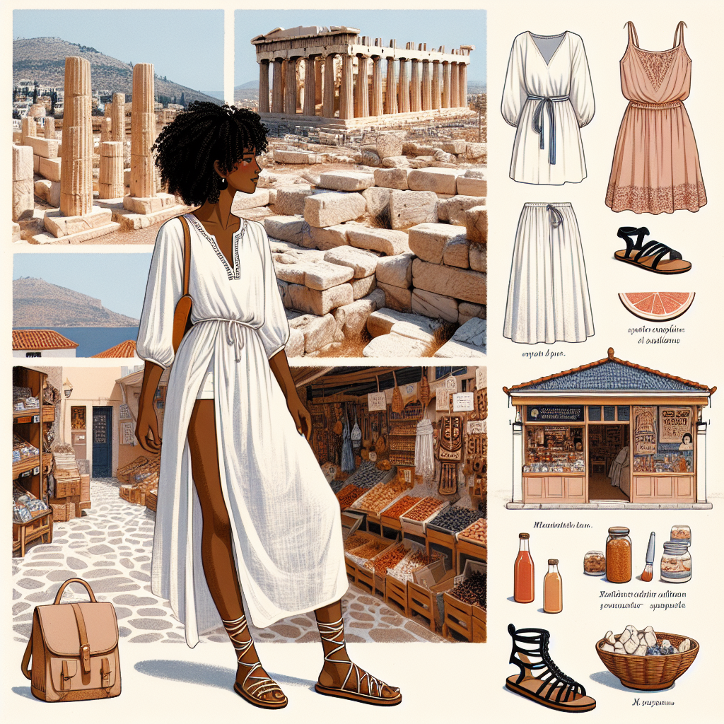 Create an image that showcases must-have looks for a traveler in Greece. The fashion should be practical, comfortable yet stylish, and reflective of the classic Grecian style. The person could be exploring the ruins of the Parthenon, basking in the clear Greek sun. This individual, a black woman with curly hair, should be clad in a breathable white linen tunic paired with comfortable gladiator sandals. Around her, there should be small shops selling Greek wares and food items in contrast with the 'tourist trap' souvenir shops. The colors used should reflect the warm Mediterranean environment.