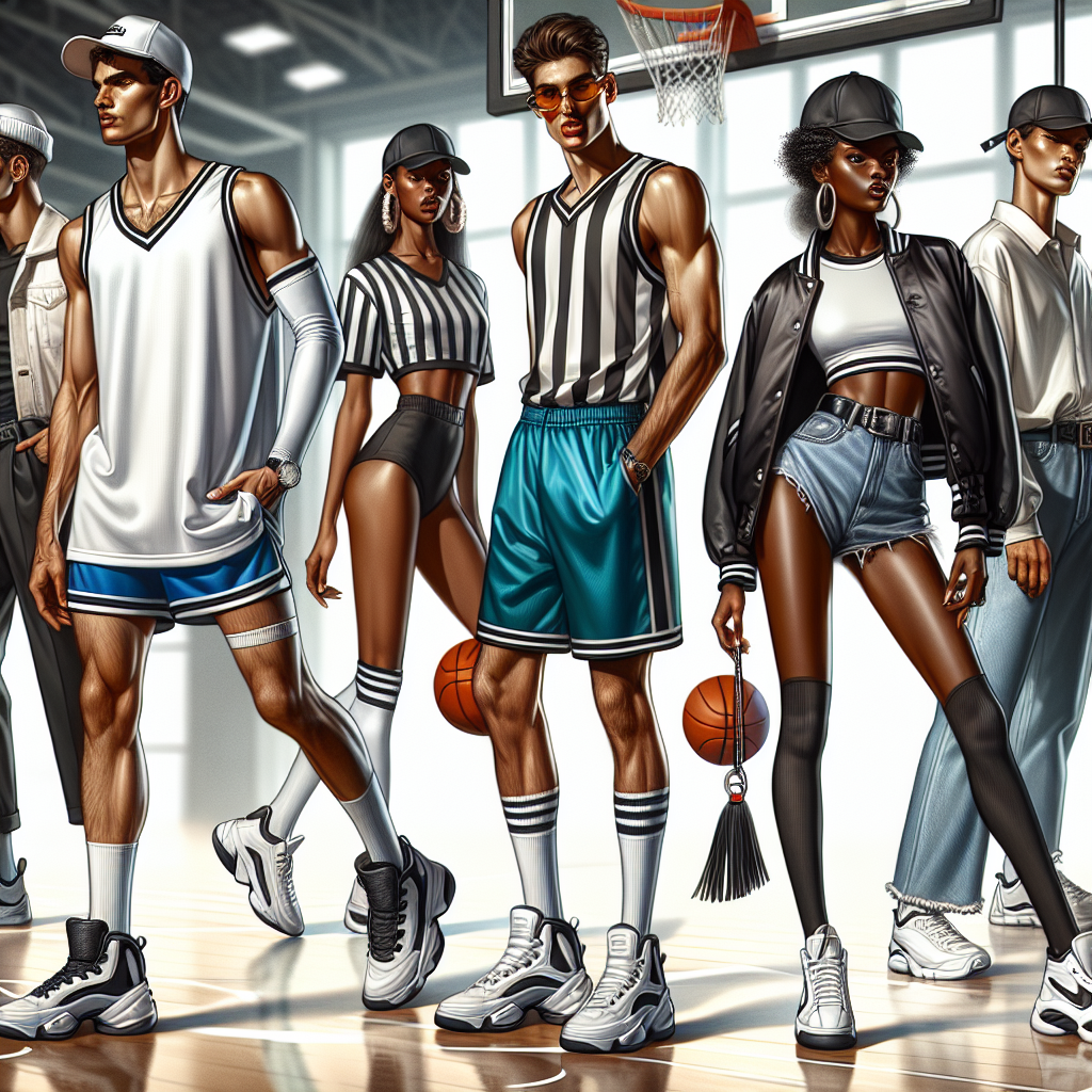 Stunning Outfits for Basketball Games - Effortless Style A captivating array of stunning and effortless stylish outfits designed for basketball games. Imagine a collection of attire that shines under the gym lights yet still allows for comfort and flexibility. In the foreground, a tall Hispanic male player is dressed in a baggy white jersey paired with blue shorts, and ankle-supporting basketball shoes. Next to him, a Black woman referee in a black-and-white striped jersey paired with black knee-length shorts and white sneakers where her whistle shines notably. In the background, an Asian man spectator dressed in a casual, yet trendy outfit featuring a basketball team's cap, a varsity jacket, and denim jeans. Design these figures in motion, capturing the energy of the basketball court.
