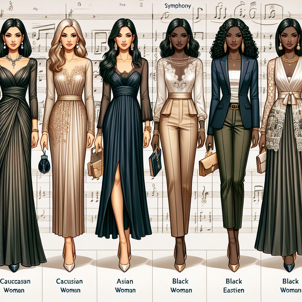 Must-Have Styles: Best Looks for Women at a Symphony Create a detailed image representing a variety of stylish outfits for women attending a symphony. Depict five women with different backgrounds: a Caucasian woman, an Asian woman, a Hispanic woman, a Black woman, and a Middle Eastern woman. The fashions should be elegant and fitting for a cultured event like a symphony. Show off different styles such as a floor-length gown, a modern cocktail dress, a formal suit, a high-style cultural dress, and an art deco outfit. Include accessories like clutch purses, high heels, and jewelry that complement each outfit. The background can be subtly suggestive of a symphony hall.