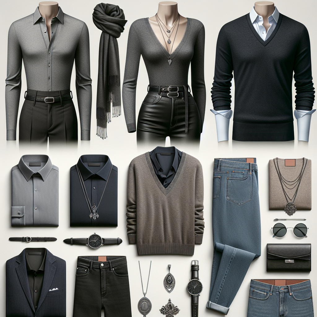 Create a stylish scene reflecting various outfit elements suitable for pairing with a V-neck sweater. Include a tailored dress shirt, both buttoned and unbuttoned, under a grey cashmere V-neck sweater. Add a dark high-waisted skirt with a thin leather belt for a more feminine touch. Also, depict a light blue jeans, coupled with a black V-neck sweater to represent a more casual look. Show an array of layered accessories like a silver pendant necklace and opulent silk scarf. Ensure to alternate between different genders and descents such as a Middle-Easter man and a Caucasian woman.