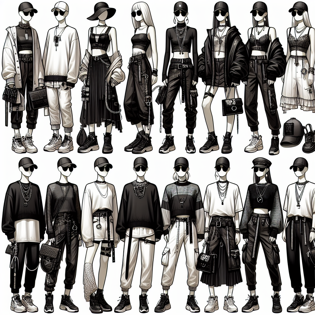 Must-Have Outfits for a Justin Timberlake Concert! Illustrate an array of trendy concert outfits suitable for a music concert, with a contemporary, pop-style theme. Emphasize on a color palette consisting of monochromatic blacks, whites, and contrasting metallic shades. The outfits would be inclusive and diverse, representing all genders and descents. Include accessories like sunglasses, hats, wristbands, layered necklaces, and sneakers for a complete fashion-forward look. The environment should depict the energetic and vibrant atmosphere of a concert venue.