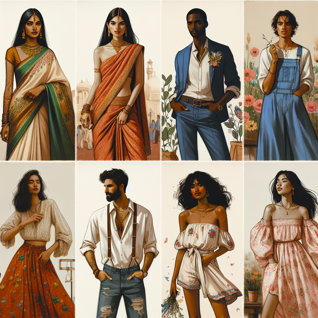 Visualize a string of scenes showcasing stunning outfits for casual weddings with effortless style. Exhibit a diverse range of people representing various demographics and depict them in the following contexts: a South Asian woman gracefully donning a vibrant yet understated saree paired with delicate gold jewelry; a Black man in stylish denim and white shirt combo accessorized with a quirky boutonniere; a Middle-Eastern man demonstrating a chic and relaxed twist on traditional attire; a Caucasian woman dressed in a dressy romper adorned with floral accents, and a Hispanic woman in a breezy sundress with a warm, boho touch. Each person carries an aura of effortless spontaneity and style.