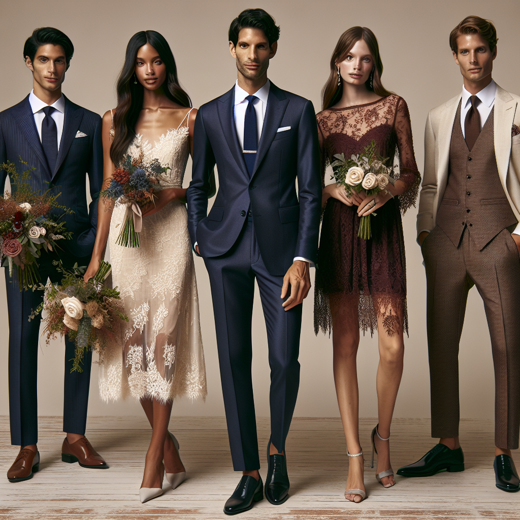 Visualize a diverse group of individuals showcasing their semi-formal wedding attire. This should include a tall Middle-Eastern male in a sharp navy suit with a matching tie, an Hispanic female with long brown hair in a delicate lace knee-length dress, a Caucasian male in a cream-colored linen suit holding a bouquet of roses, a Black female wearing a fashionable jumpsuit with metallic accents, and a South Asian female in a burgundy cocktail dress adorned with intricate beadwork. Their expressions are jubilant, contributing to a festive and elegant atmosphere.