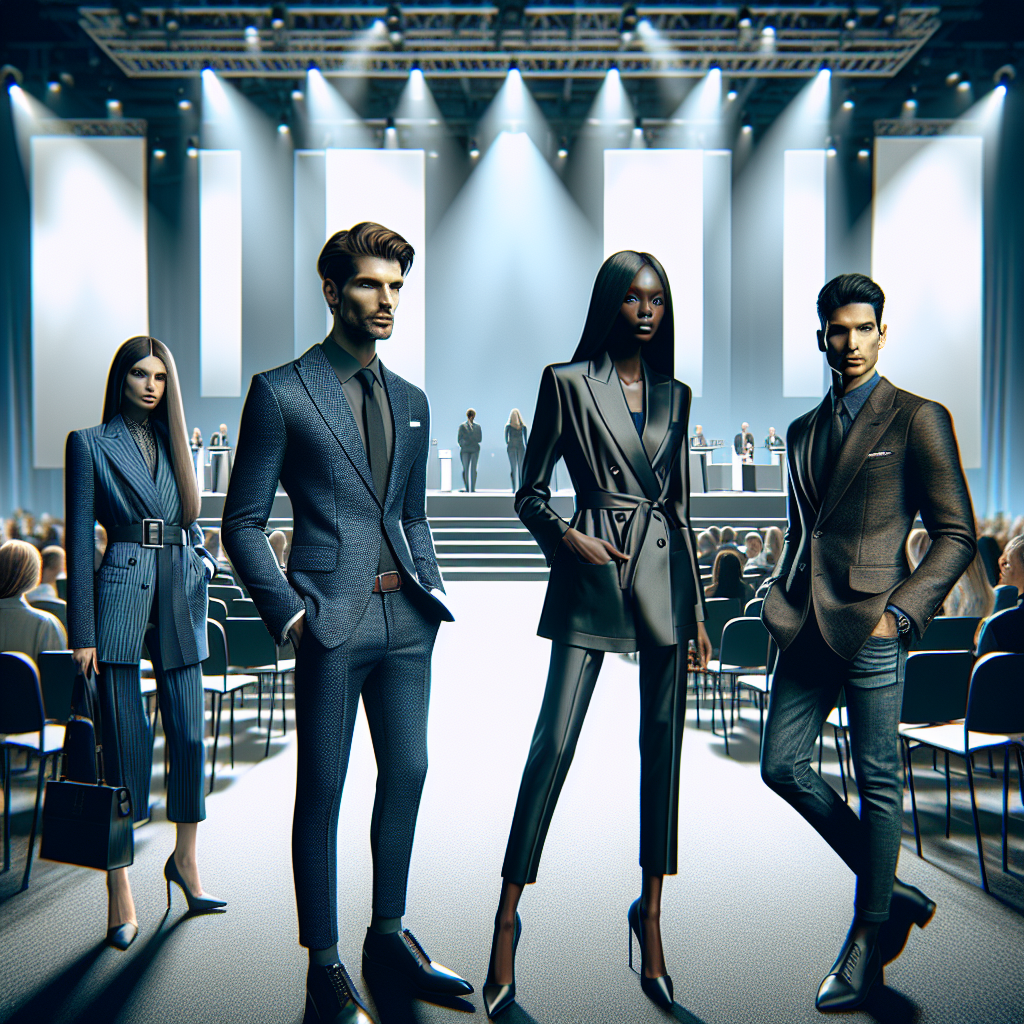 Stunning Conference Outfits: Dress to Impress Visualize a diverse group of people attending a professional conference. The scene highlights a South Asian female in a sophisticated, contemporary blazer and trousers ensemble, a Caucasian male sporting a sharp, modern suit, a Black female donning a stylish, sleek dress, and a Middle-Eastern male in an elegant sport coat and jeans combo. The outfits are stunning, showcasing a perfect blend of fashion and professionalism. The conference background oozes sophistication with a glimpse of the stage, seats, and lighting. The people exude confidence and look poised to impress.