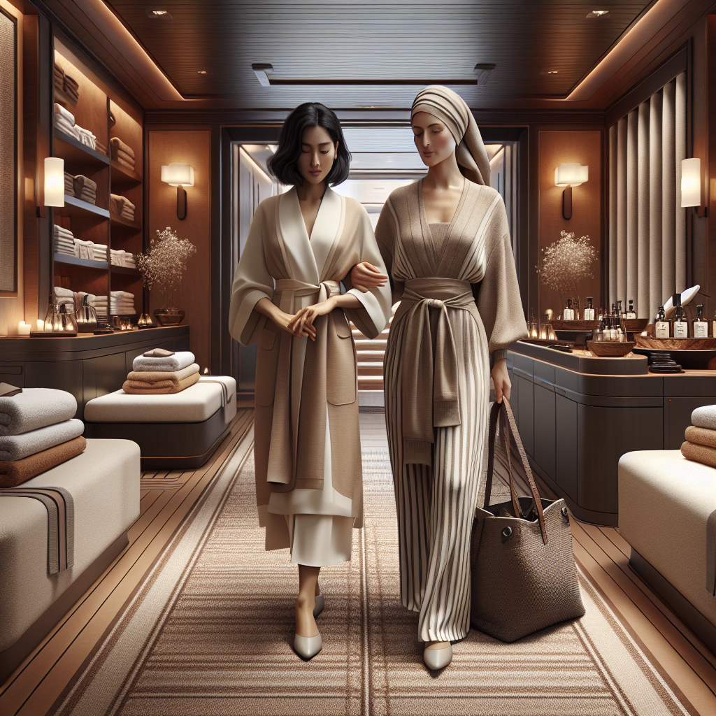 Visualize a calming and luxurious spa setting on a cruise ship. The spa should feature earthy tones, gentle lighting, plush towels and an array of aroma therapy products. In the center of the scene, depict two women, one of South Asian descent and the other of Caucasian descent, both of different age groups, elegantly dressed in chic, neutral-toned cruise wear enjoying their spa day. Their outfits should embody comfort and stylish elegance, with soft fabrics, flowing silhouettes and accent accessories like light scarves or hats.