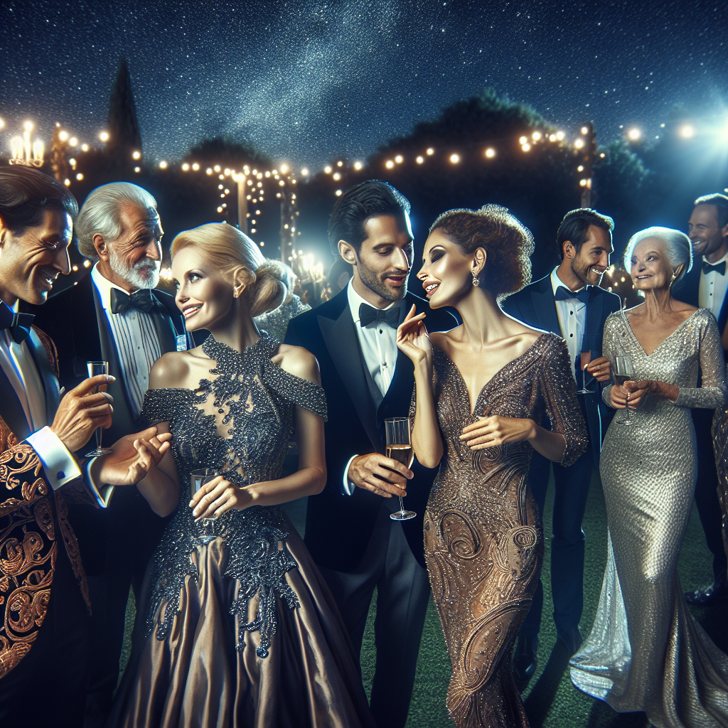 An enticing image of a social gathering under a clear night sky where individuals around the age of 50 are happily interacting. Each person is dressed in elegant gala attire that reflects their unique style and personality. A Caucasian woman is wearing a shimmering gown with intricate beading, a Black man in an ornate tuxedo having a lively conversation with a Middle-Eastern woman draped in a regal silk dress, and a South Asian man in a stylish suit, mingling around. The picturesque scene beautifully captures the magical, glamorous aura of the gala night.