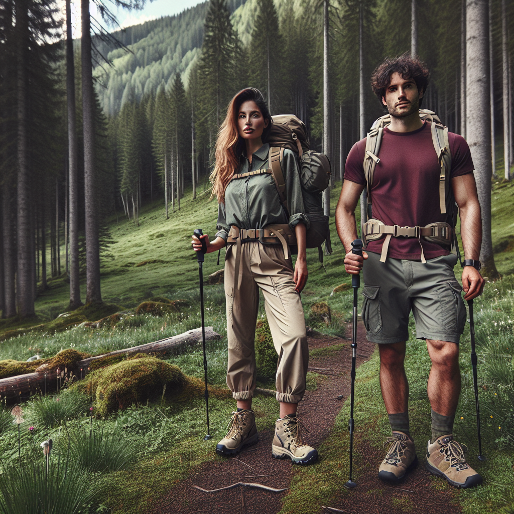 Stunning Hike Apparel: Effortless Style & Comfort Picture a breathtaking scene of outdoor exploration. Two individuals are hiking in the heart of a verdant alpine forest, teeming with tall trees and occasional splashes of wild flowers. One hiker is a Hispanic woman, dressed in style and comfort - she is wearing an olive green breathable jacket, tan hiking pants, and sturdy yet fashionable hiking boots. She carries a sleek lightweight backpack on her back. Alongside her, a Middle-Eastern man, similarly dressed for the occasion - with a moisture-wicking burgundy t-shirt, versatile utility shorts, and durable hiking shoes. He holds a set of trekking poles for balance, enhancing his hiking proficiency. The two hikers symbolize the perfect harmony of effortless style and comfort while embarking on an adventurous journey.