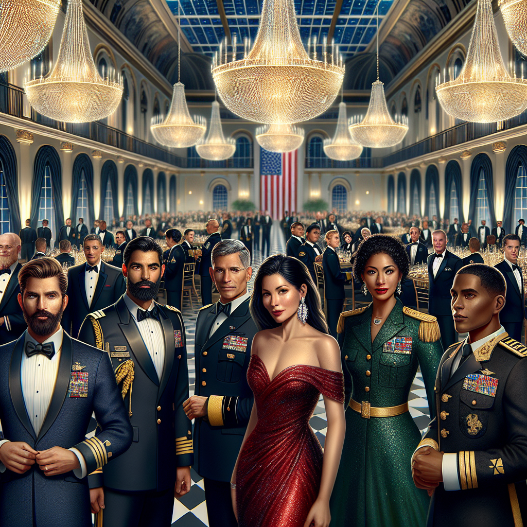 Stunning Looks for Military Balls: Find Yours! Create a visually striking scene at a distinguished military ball. The ballroom gleaming under the chandeliers, where well-dressed individuals of various military ranks socialize. Depict a diverse group of uniformed military personnel in their finest regalia. A South Asian man in a sharp navy suit, a Hispanic woman looking gorgeous in a glamorous red dress, a Middle Eastern man in a crisp black tuxedo and a black woman looking radiant in a splendid emerald gown. Create a sense of opulence, respect and camaraderie that imbues the entire atmosphere of this prestigious gathering.