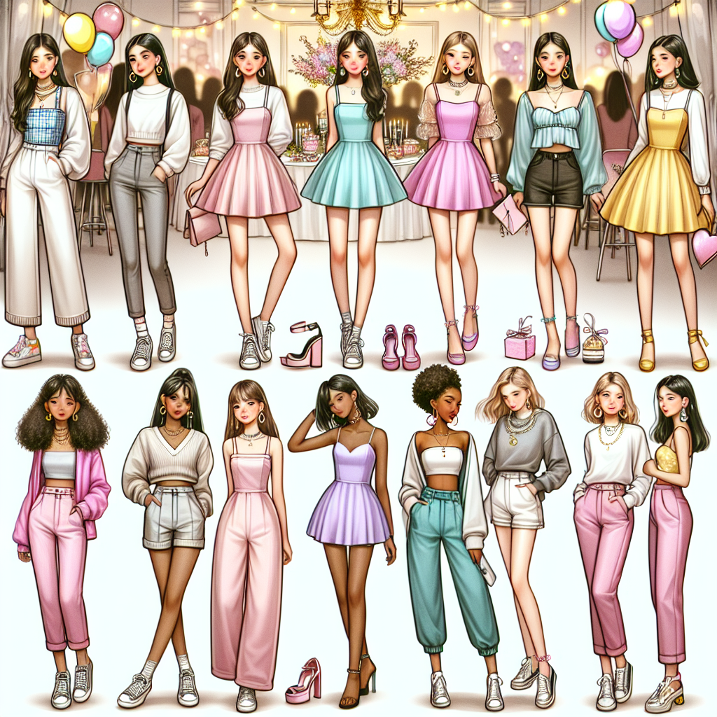 Create a diverse collection of fashionable outfits that are perfect for a Sweet 16 birthday party. This should include an effortlessly chic ensemble with trendy components such as a pastel colored skater dress, cute accessories and stylish shoes. Another outfit could feature a classy jumpsuit in a vibrant shade, paired with strappy heels and minimalist jewelry for a chic finish. Also depict a group of teenage girls of different descents including Asian, Black, and Hispanic wearing these stylish outfits, looking confident and joyful. Set the scene in a beautifully decorated party venue with balloons, lights, and other decorations.