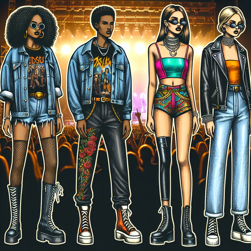 Dress Code Mastery: What to Wear to a Halsey Concert Focus on illustrating typical music concert attire suitable for a contemporary pop concert. The image should depict a diverse mix of fans. The first person, a young Black woman, is wearing a vintage band t-shirt paired with black leather pants, a denim jacket, and chunky boots. The second individual, a Middle-Eastern man, is wearing a brightly colored jumpsuit accessorized with layered silver necklaces. The third person, a White woman, in a trendy pair of high waisted jeans, a neon crop top, and a leather jacket. The background should be alive with concert lights and possibly the silhouette of a stage.