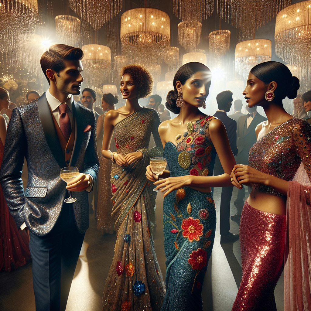 Envision a captivating scene of a lavish, contemporary wedding ceremony, bustling with vibrant colors and glistening under the soft glow of suspended chandeliers. A South Asian woman in an elegantly embroidered, peacock-blue saree is chatting with her companion, an African woman in a ruby-red knee-length dress with stunning sequin details, while a Caucasian man in a tasteful navy-blue suit and a dusky pink tie observes their lively conversation with a thoughtful smile. Each person effusing the uniqueness of their attire, setting a mesmerizing backdrop for an exploration of stunning wedding guest outfits.