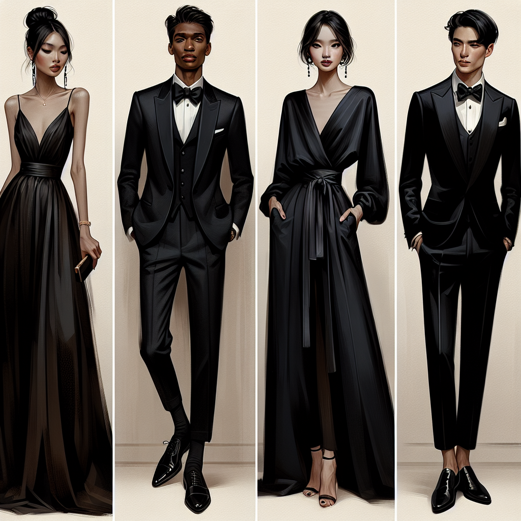 Showcase a fashion montage of various black tie outfits. In the first scene, an Asian woman is elegantly dressed in a long black gown with a plunging V-neckline, her hair elegantly coiffed in a sophisticated updo. Next to her, an African American man is looking dapper in a classic black tuxedo paired with a silk bow tie. Another scene shows a Middle-Eastern woman wearing a chic black jumpsuit with a satin sash at the waist, her hair styled in a smooth, sleek long bob. Lastly, show a South Asian man in a slim-fit black tuxedo with a stylish silk cravat. Each individual exudes an aura of effortless chicness.