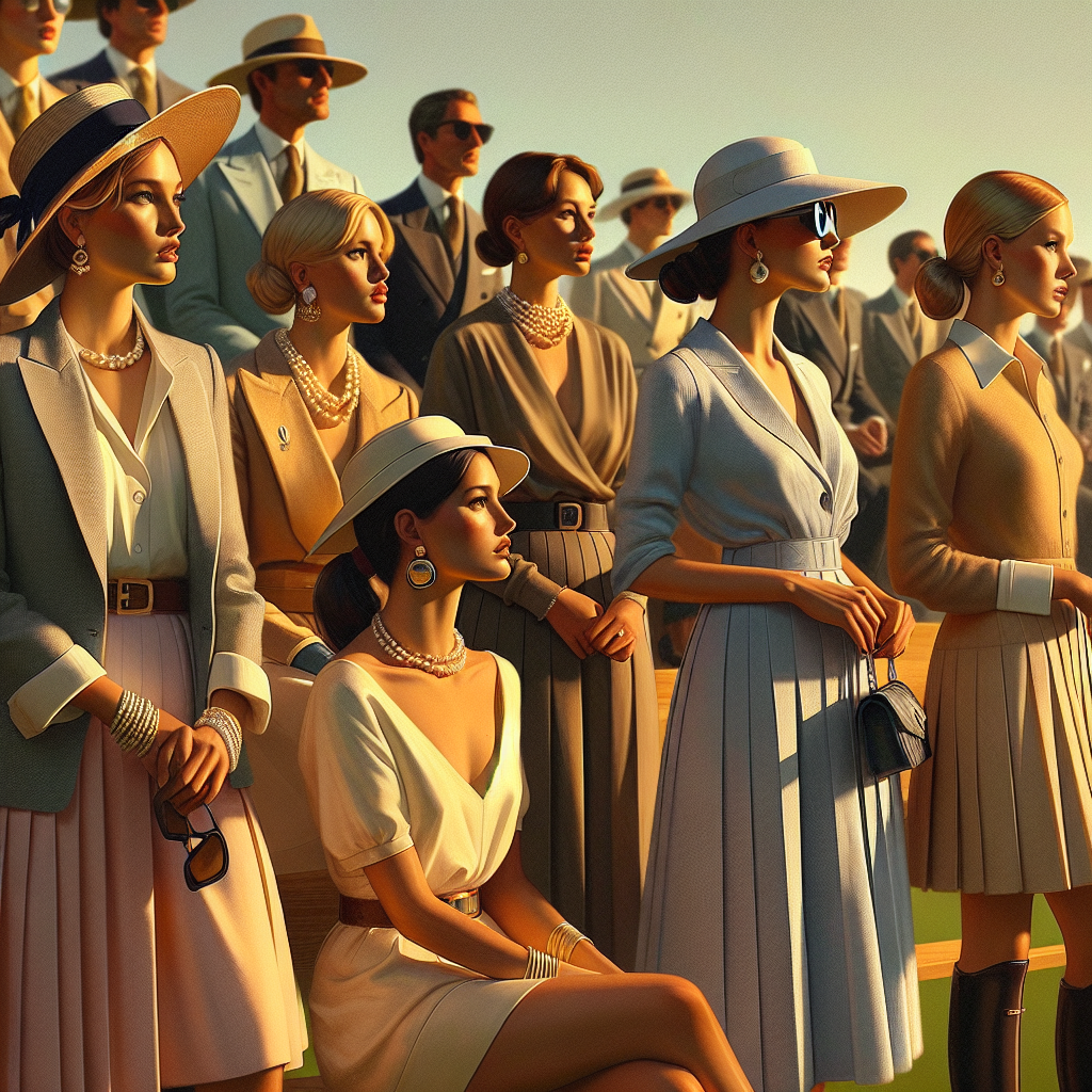 Imagine a scene at a polo match. The sky is a clear soft blue, and the sunlight casts a warm golden hue. An arrangement of well-dressed individuals are observing a game in progress. Focus on a group of elegantly dressed women. One woman is of Middle-Eastern descent, wearing a tailored blazer over a delicate blouse, paired with an equestrian-style skirt. Another woman of Hispanic descent, is sporting a light cashmere cardigan over her polo dress. The other woman, of South-Asian descent, dons a silk scarf draped over her polo shirt and shorts combination. Each woman accessorizes with pearl earrings, designer sunglasses, and fashionable hats. Their attire exemplifies chic elegance at a polo match.