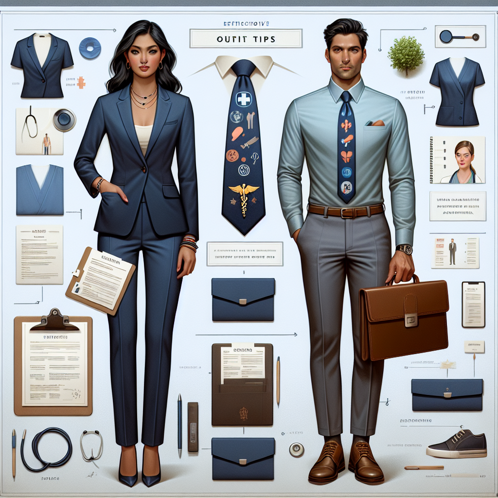 A comprehensive visualization of an efficient guide for individuals preparing for a hospital interview. Picture a South Asian woman donning professional attire such as a navy-blue pantsuit and elegant, minimalistic jewelry. She carries a brown leather portfolio with resumes peaking out. A Caucasian man next to her sports a light-colored shirt complemented by a vibrant tie having medical symbols, matched with gray trousers. He holds a clipboard with striking notes of his achievements visibly highlighted. Embed instructional footnotes providing outfit tips, preferably in a structured layout. Accents of hospital settings subtly incorporated in the background.