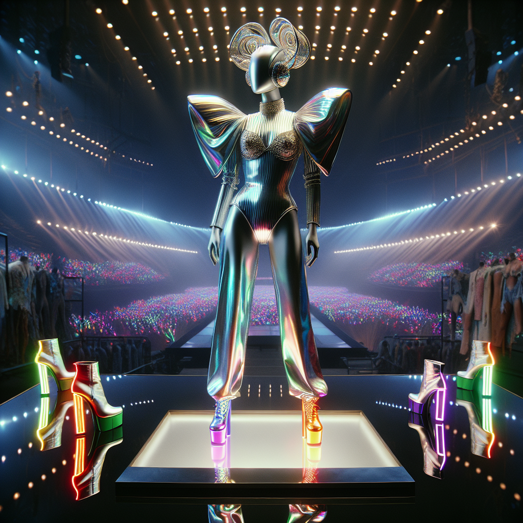 An unconventional fashion ensemble suitable for a Lady Gaga concert. The outfit consists of a reflective silver jumpsuit with exaggerated shoulders, embodying a futurist aesthetic. To complete the ensemble, a pair of vibrant, neon-colored ankle boots are paired with a complementing avant-garde headpiece. The manikin displaying the outfit gleams under the spotlight, set against the mesmerizing backdrop of a hypothetical concert stage, filled with hues of bright pulsating lights. The atmosphere is filled with anticipation and excitement mimicking the energy of a concert.