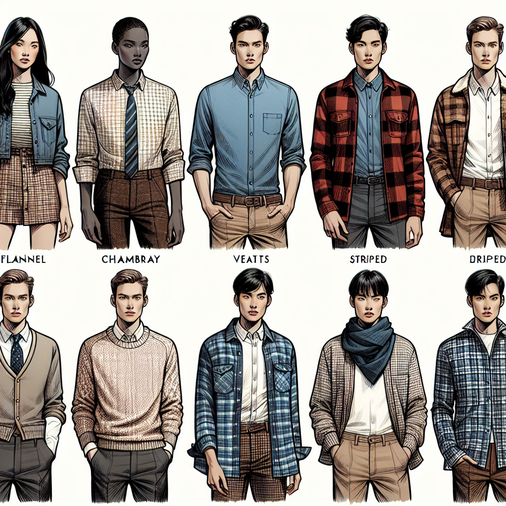 Showcase an illustrative styling guide featuring an array of collared shirts ideal for creating a layered look. The image should portray a variety of collared shirts in different fabrics, patterns and colors such as flannel, chambray, striped and checkered. Alongside, depict clothing items like sweaters, vests, or blazers which can be layered on top of these shirts. Intermix genders and descents, let's show a Black female model styling a layer with a chambray shirt and a sweater, a Hispanic male model showcasing a flannel shirt with a vest, a Caucasian female model pairing a striped shirt with a blazer and a South-Asian male model demonstrating the layering of a checkered shirt.
