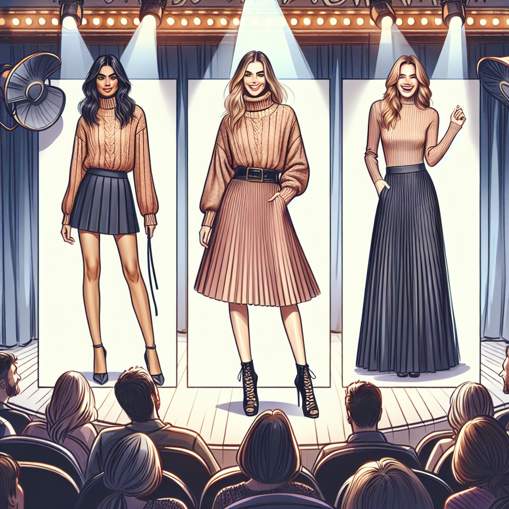 Create an image showcasing a variety of fashionable skirts appropriate for pairing with sweater outfits. In the setting, picture a comedy show environment filled with lively spectators, laughter, and a stage spotlight. Within this ambience, display a glamorous model of South Asian descent in a trendy mini skirt and a cozy turtle neck sweater. Also envisage an elegant woman of Hispanic descent wearing a pleated midi skirt with a loose fitted sweater. Finally, visualize a stylish woman of Middle-Eastern descent pairing a long, flowing maxi skirt with a fitted, ribbed sweater. Embellish the scene with subtle, chic accessories that enhance each outfit.