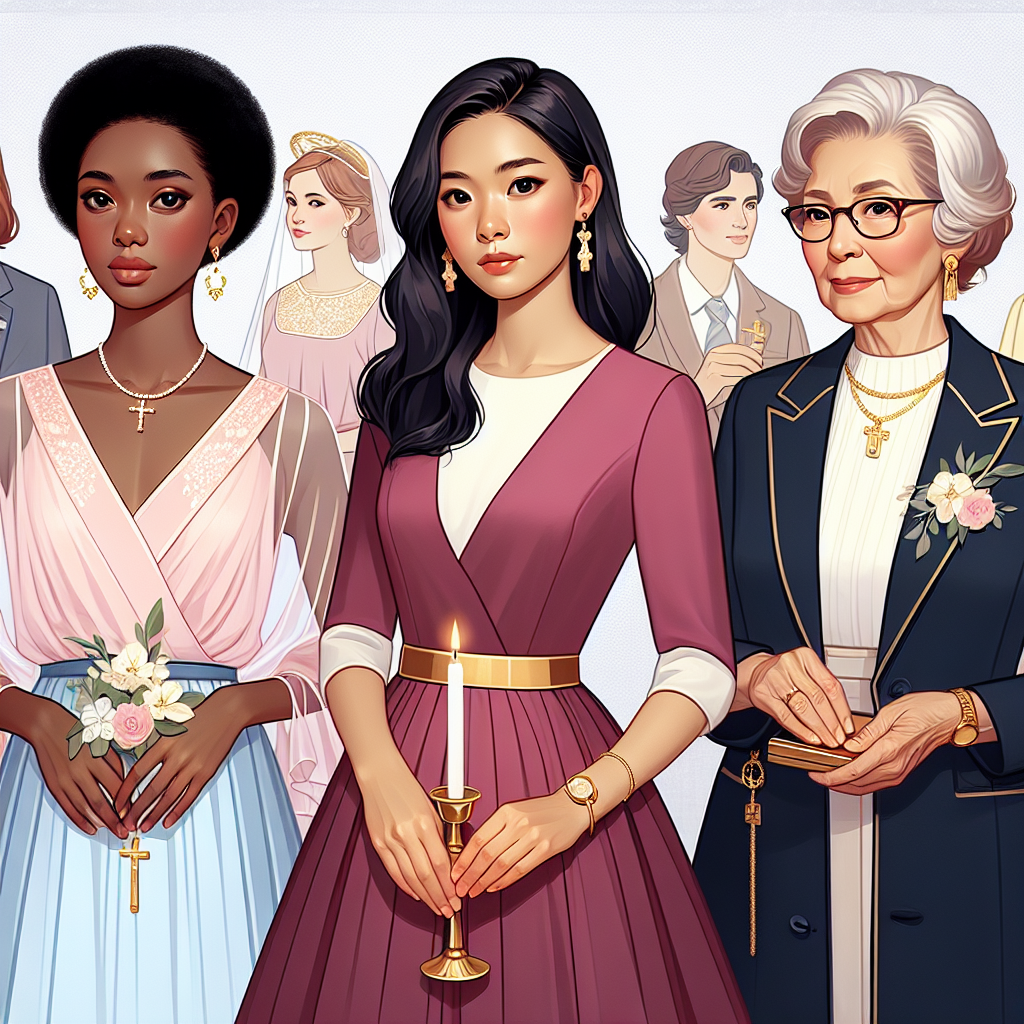 Must-Have Outfits for Godmothers at Baptisms Display a variety of formal baptism attire suitable for godmothers. Portray three godmothers of different ages and descents. The first godmother is a young Black woman in a flowing pastel chiffon dress, accessorized with a pearl necklace. The second godmother is a middle-aged Asian woman dressed in a smart, knee-length ruby red dress with gold accents. The third godmother is an elderly Hispanic woman in an elegant navy blue suit paired with a matching hat. All of them are holding a baptism candle in their hands.