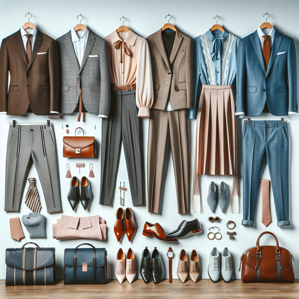 An array of stunning outfits suitable for career fairs laid out on a table. The collection includes a sharp suit worn by a South Asian man, a trendy jumpsuit on a Black woman, an elegant blouse and skirt combination chosen by a Caucasian woman, and a fashionable blazer and chinos combination displayed by a Hispanic man. Each outfit radiates professionalism and is paired with accessories like leather shoes, chic handbags, silk ties, and fashionable jewelry. All of them are arranged with a backdrop that screams 'Dress to Impress!'.