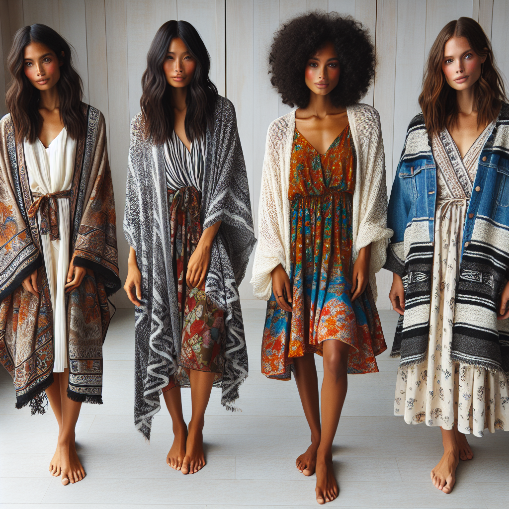 Must-Have Cover-Ups: Effortless Style Over Dresses Create an image showcasing four different styles of cover-ups draped over dresses for stylish layering. These are laid out on a light wooden floor. Going from left to right, let's have a South Asian woman showing a patterned kimono over an elegant silk dress, a Black woman presenting a flowing chiffon shawl over a vibrant, patterned dress, a Middle-Eastern woman displaying a cozy knitted cardigan over a minimalist cotton dress, and finally, a Caucasian woman wearing a trendy denim jacket over a casual floral dress. Each woman is styled in chic, effortless fashion.