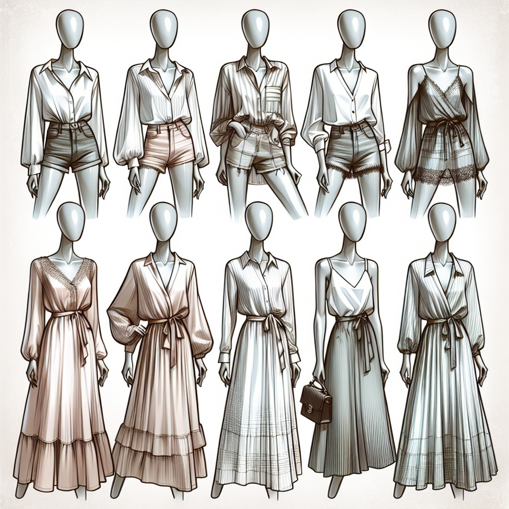 Illustrate an image featuring six fashionable must-have shirts. The shirts should range in color, style, and design, with each being ideal for pairing with long silk slip skirts. Explore a variety of fashion styles and fabrics, and show them on abstract mannequin forms of varied body shapes. It is required that the shirts be of high quality - visible through details in stitching, cut, and fabric quality. Show the shirts on a subtle, clean, and elegant background so as not to distract from the main subject.