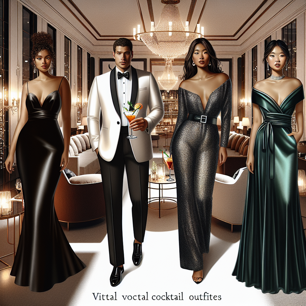 Must-Have Cocktail Outfits: Effortless Elegance Unveiled Imagine a fashion spread showcasing vital cocktail outfits that epitomize effortless elegance. This collection consists of a black dress suitable for a plus-sized Hispanic woman using satin fabric, a pearly white tuxedo worn by a black man complemented with a chic bow tie, a sequined jumpsuit designed for a curvaceous Caucasian woman oozing red carpet glam, and a refined Asian woman draped in a silk, emerald green, off-shoulder gown accessorizing with minimal jewelry. A backdrop of a luxurious lounge with intimate lighting and lavish decor accompanies these representations of stylish sophistication.