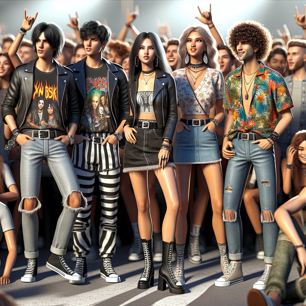 What to Wear to a Benson Boone Concert: Must-See Styles Render an image that displays the ideal attire for a pop rock concert. Illustrate a diverse crowd of young energetic music enthusiasts. A black-haired South Asian male rockinga leather jacket and a band t-shirt. An athletic Caucasian female in a stylish mini dress paired with knee-high boots. A curly-haired Hispanic male wearing a colorful Hawaiian shirt and ripped jeans. And a Middle-Eastern female with a chic Bohemian look: flowing maxi dress and feather earrings. The excitement in the air is palpable; some are dancing, and others are chatting, eagerly awaiting the performance.