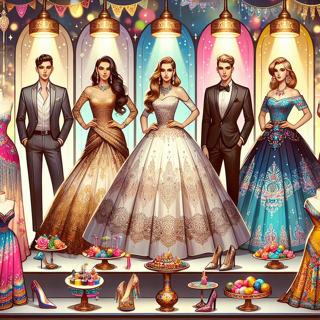 Stunning Outfits for Quinceañera Guests: Find Yours! Create a composition representing a fashion collection of stunning outfits for attending a Quinceañera. The collection should display elements of elegance and tradition. Feature four glamorous outfits on four different mannequins, each representing a unique style. The models should be of varied descents: Caucasian, Hispanic, Middle-Eastern, and South Asian. Each ensemble should reflect diverse tastes and traditions - one should be a lavish gown, one a dapper suit, one a chic dress, and the last a stylized ethnic outfit. Maintain a festive atmosphere with colorful decor and beautiful lighting.