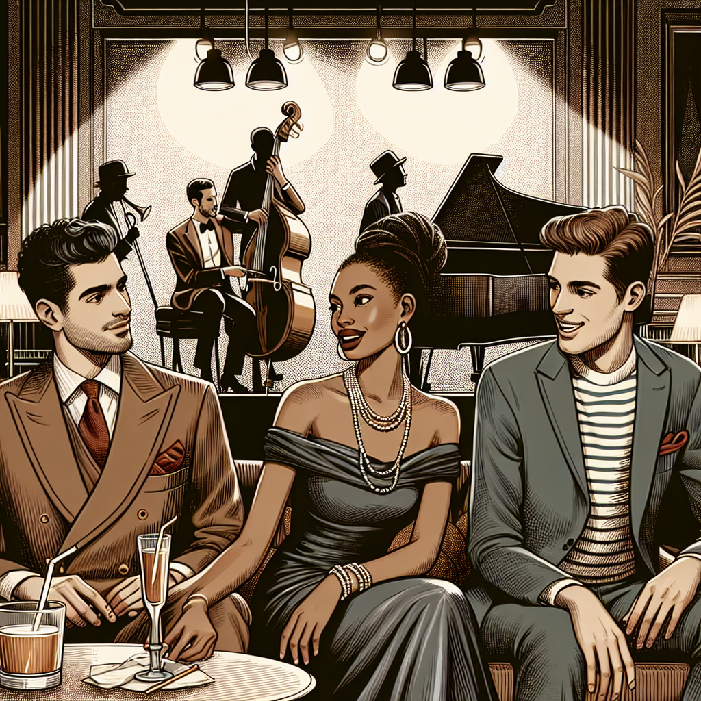 What to Wear to a Jazz Club: Stunning, Effortless Looks Illustrate a night out scene at a jazz club. The main focus is elegant yet effortless fashion. Include three individuals of different descents sitting by a well-lit stage, involved in lively chatter. The first person, a Middle-Eastern gentleman, wears a vintage suit with a red pocket square. The second, a Black woman, sports an off-shoulder silk dress with pearl accessories. The third, a Hispanic man, has on a casual blazer over a striped shirt. Behind them, the stage holds a classic saxophone, a piano, and a double bass, ready for the jazz performance to begin. Do not include any identifiable faces.