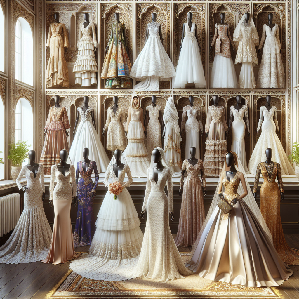Create a visually stunning, detailed image that depicts a bridal boutique displaying a multitude of different wedding attire styles from various cultures and time periods. Articulate from 19th-century Victorian, to traditional South Asian lehengas, elegant Hispanic gowns adorned with lace, majestic Middle-Eastern Kaftans, fashion-forward Black African mermaid dresses, and simple yet sophisticated modern Caucasian wedding dresses. Show different mannequins of varying body types &ndash; fit, curvy, petite &ndash; outfitted in these diverse clothing masterpieces. Incorporate a magnificent variety of fabrics, textures, and patterns in the clothes and the store should exude a warm, welcoming, and celebratory ambiance.