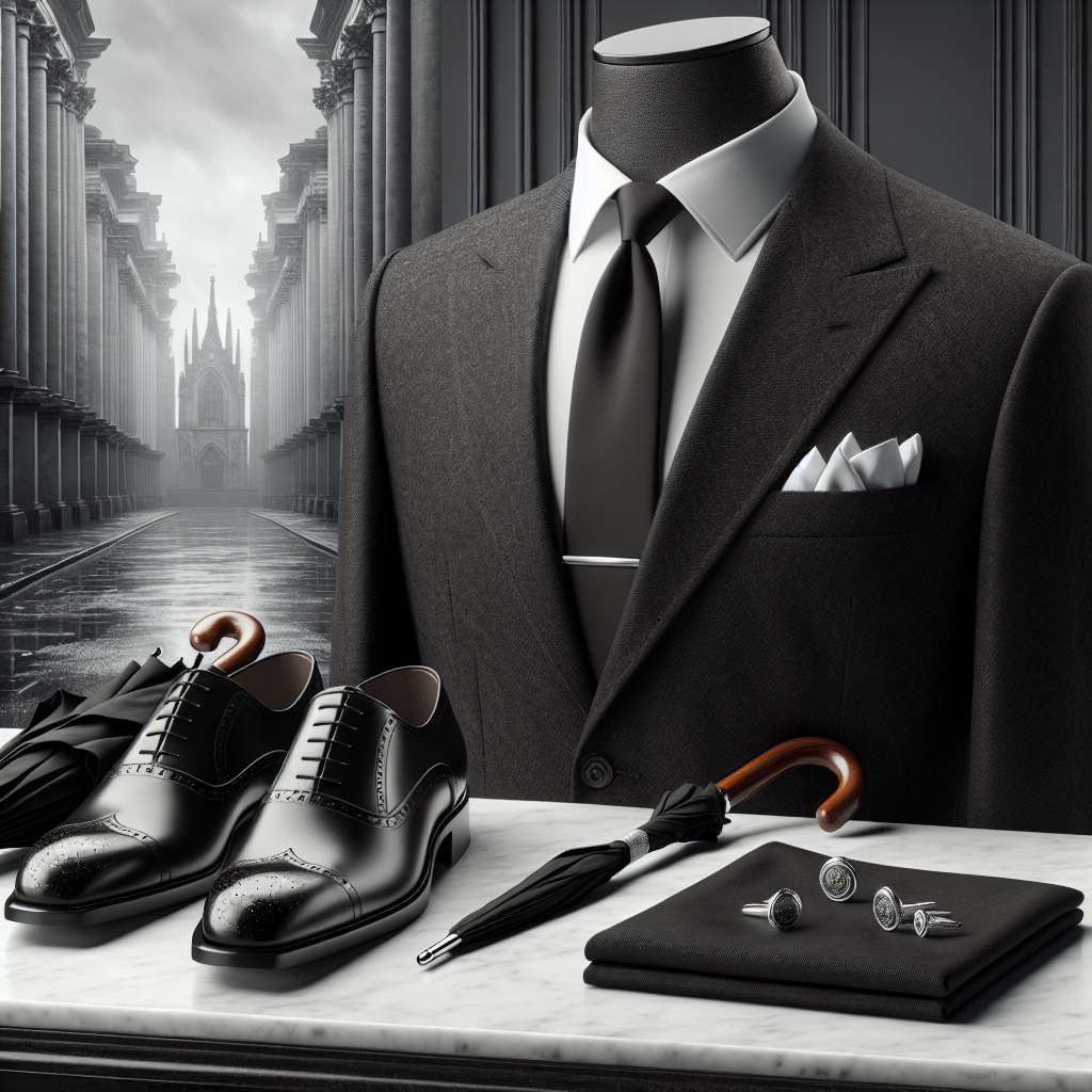 Men's Funeral Attire Guide: Timeless & Respectful Choices Image of a distinguished display featuring resilient English wool dark suit, a classic plain white shirt and a matte black tie. In the foreground, place an overlay of black leather oxford shoes and a black umbrella on a slightly white marbled floor. At a close side, a folded plain white pocket square and silver cufflinks delicately arranged atop a mahogany wooden table. Lastly, behind insinuate a retiring, architectural visualization with greyscale tones of a peaceful chapel background, emphasising the reverence and respect associated with a solemn event. This will be the definitive guide to timeless and respectful men's funeral attire.