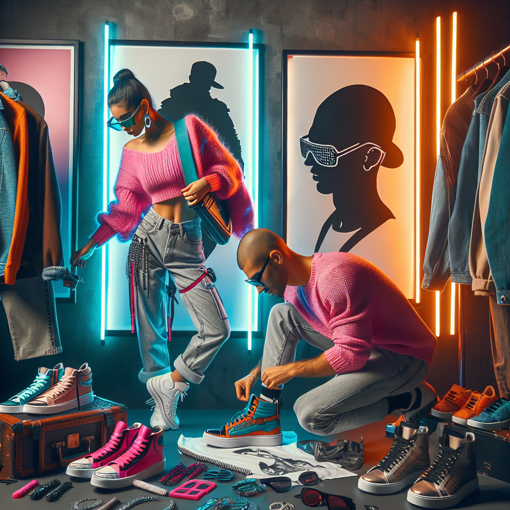 Stunning Outfits for Pitbull Concerts: Effortless Style An image depicting a group of enthusiastic music fans preparing for a concert. Among them are a Caucasian man and a Hispanic woman both wearing stylish, effortless outfits. They are selecting brightly colored streetwear, shiny accessories, and comfortable footwear, perfectly suited for an energetic spectacle. Neon lights can be seen in the background, reflecting the excitement and spirit of the upcoming event. Displayed posters showcase silhouette of an individual with shaved head and dark sunglasses on, indicating the music type and atmosphere.