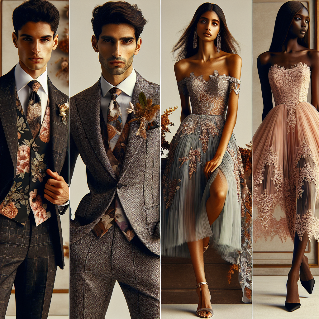 A collage of stunning and fashionable outfits suitable for September weddings in 2024. The display showcases the latest trends in wedding guest attire. On the left, there's a Middle-Eastern man wearing a sophisticated dark suit with a floral tie. In the center, a South Asian woman is seen in a modern twist of a traditional sari, creating a fusion of cultures. On the right, we see a Black woman in a stylish pastel, knee-length dress adorned with delicate lace. All the outfits reflect a perfect balance between formal wear and the transition to autumn in their color schemes and fabric choices.