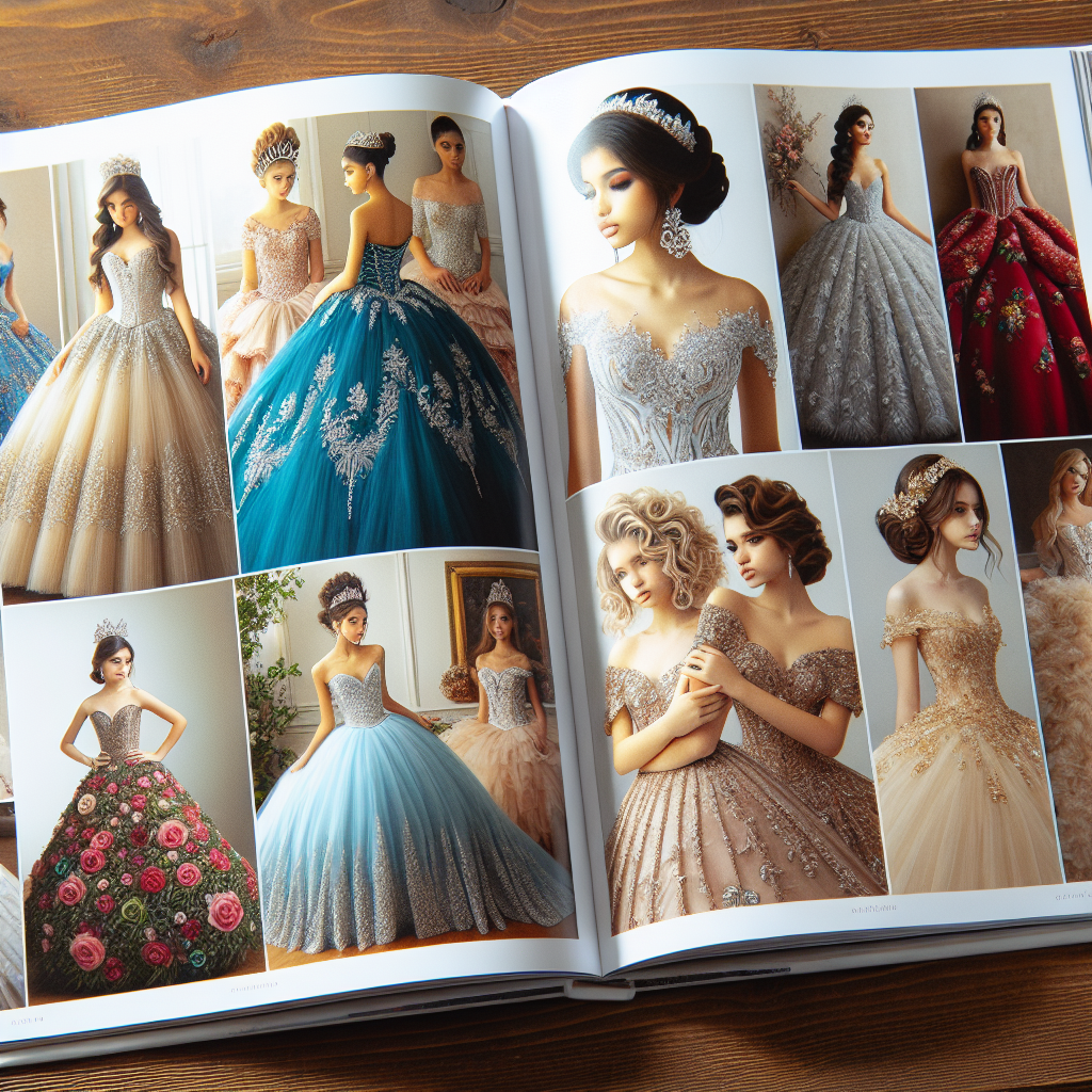 A comprehensive guidebook for Quincea&ntilde;era styles lays open on a wooden table, its pages brimming with vibrant images. The left page showcases a range of elaborate gowns designed for Hispanic teenage girls. The right page features different types of hairstyles curated for the occasion. Among the gowns, some stand out: a lustrous azure gown with silver embroidery, an elegant champagne-colored gown draped with delicate pearls, and finally a deep red gown adorned with floral appliqu&eacute;s. The hairstyles range from extravagant up-dos adorned with flowers to elegant down styles softly curled at the ends.