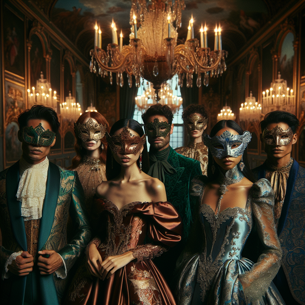Envision an opulent masquerade ball in a grand, baroque-style hall. Diverse guests, including a Hispanic woman in an exquisite, emerald silk gown, an Asian man dressed in an elegant, auburn velvet jacket, and a Middle-Eastern woman in a stunning, sapphire-hued dress, are each wearing unique, intricate masks. Their attire reflects a harmonious blend of modern fashion with period-inspired elements, such as lace, embroidery, and ornate accessories. Glimmers of the chandeliers' glow illuminate the rich textures and elaborate patterns of their outfits, breathing life into this vibrant tableau.