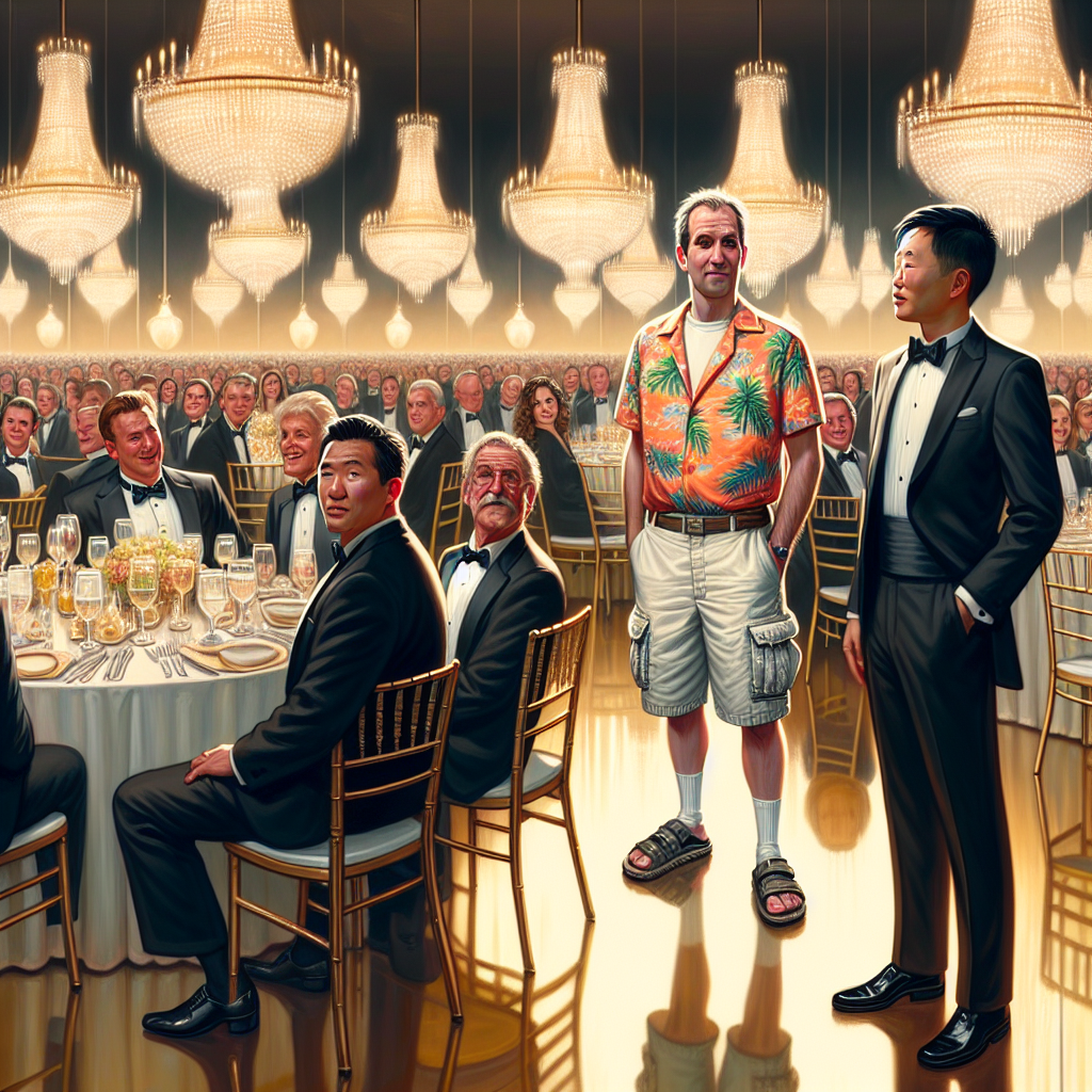 A detailed image showcasing a lavish event environment with reflecting chandeliers, round tables draped with high-quality linen and elegantly dressed guests. Among them, include a middle-aged Caucasian man wearing a bright Hawaiian shirt, cargo shorts, and sandals, appearing out of place. Nearby, a younger Asian man, dressed appropriately in a classic black tuxedo, stares at the oddly-dressed man with a mixed expression of amusement and disbelief. The overall presentation should subtly communicate what not to wear to a black tie event.