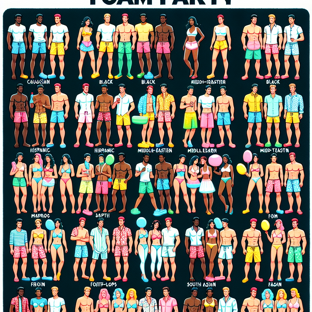 Generate an image showcasing a variety of outfits suitable for a foam party. Imagine a lively scene where people, of different descents such as Caucasian, Black, Hispanic, Middle-Eastern and South Asian, are having fun. Make sure both men and women are represented. As for the outfits, think late-night summer party aesthetics: light colours, breathable fabrics, and waterproof materials. Picture shirts, shorts, sundresses, flip-flops, and waterproof footwear. Remember to diversify the styles to create an inclusive image, offering an array of sartorial choices that cater to different genders, body types and personal tastes.