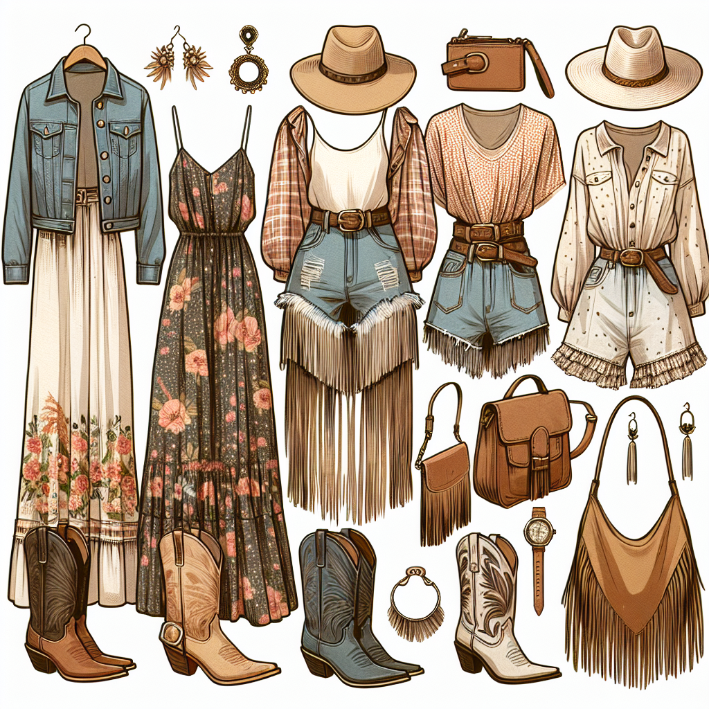 Stunning Outfits for a Kacey Musgraves Concert: Effortless Style Create an image showcasing an array of stunning outfits ideal for a country-pop music concert. The collection should include laid-back and effortless styles such as a denim jacket paired with a flowing floral maxi dress, cowboy boots with fringed suede shorts and a t-shirt, and a polka-dot jumpsuit paired with a straw hat. Please also include accessories like statement earrings, oversized sunglasses, and leather handbags.