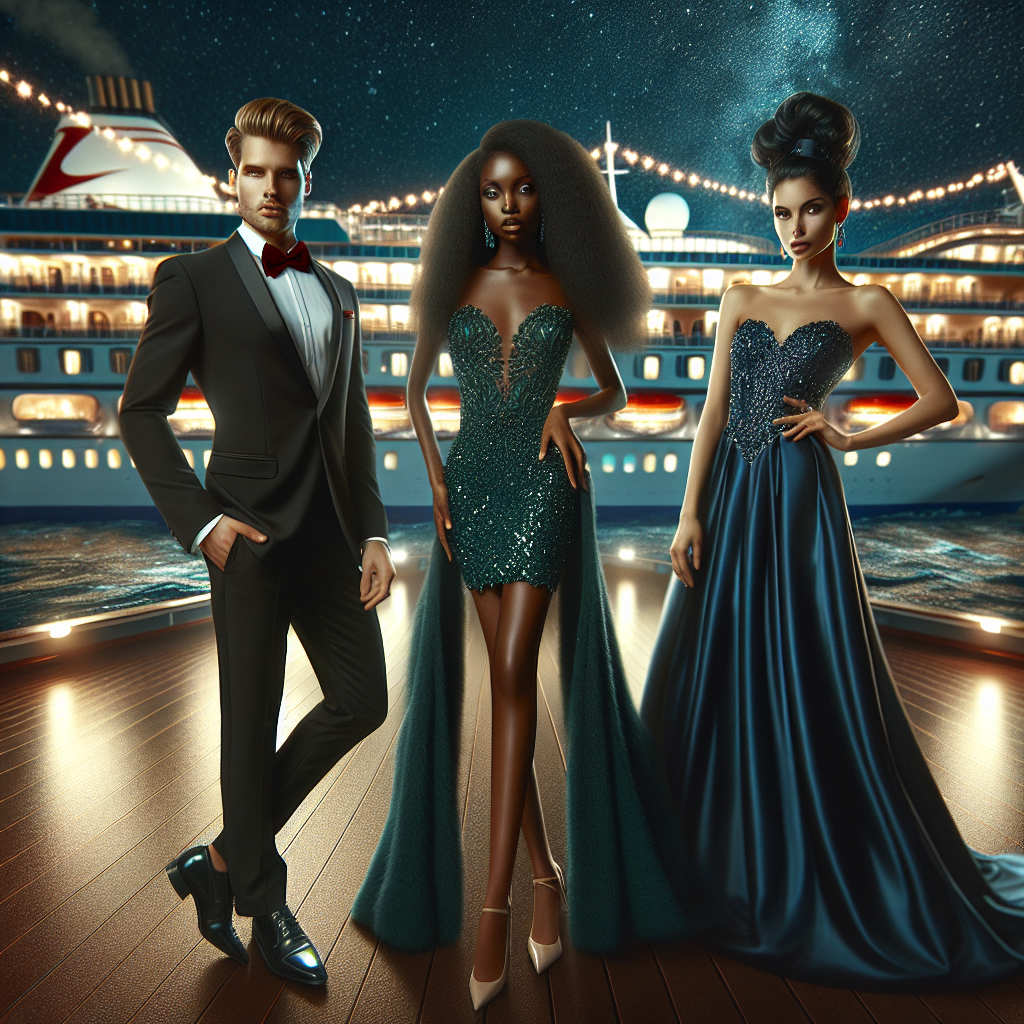 Imagine a scene illustrating effortless style at a formal night on a stunning cruise. The image showcases three individuals of different descents: a Caucasian man, a Black woman and a Hispanic woman. The man is dressed in a stylish black dinner suit with a red bow tie, displaying a confident stance. The Black woman exudes elegant charm in a jeweled emerald-green gown, while the Hispanic woman is in a stunning royal blue floor-length dress with an updo hairstyle. The backdrop includes the twinkling lights of the ship, the dark ocean, and stars overhead.