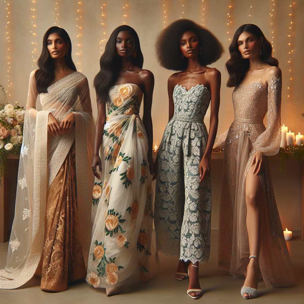 An elegant scene of a bridal shower party. In the midst of the scene, there are four women, each sporting a different stunning outfit. One woman of South Asian descent is wearing a sari laden with beautiful embroidery. Another, a black woman, is adorned in a sophisticated floral chiffon dress. The third woman, of Hispanic descent, is in a chic, lace maxi dress. And the last woman, a Caucasian, is in a tasteful jumpsuit embellished with sequins. Each woman's outfit is not only fashion-forward but also sets a unique tone for the perfect bridal shower look.