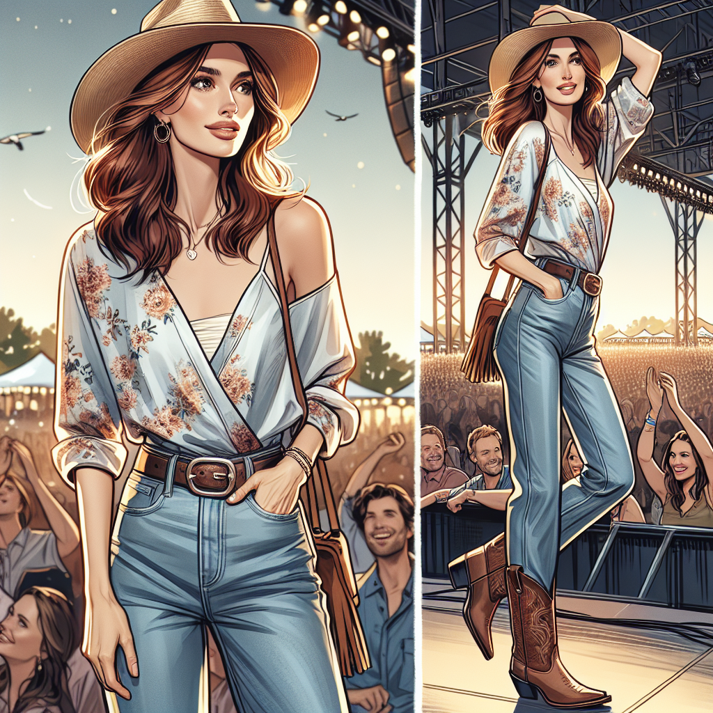 Effortless Outfits for Country Concerts Over 40 Illustrate an effortlessly styled woman around her 40s, enjoying herself at a country music concert. She is Caucasian with auburn hair styled in loose waves. She could have on a tastefully distressed pair of light-wash jeans, a floral print blouse loosely tucked in, a wide-brimmed straw hat, and cowboy boots. The scene is filled with warm, outdoor evening light and the energy and excitement of the country concert are palpable in the air. This woman is standing right near a concert stage where a band could be seen performing an upbeat country tune.