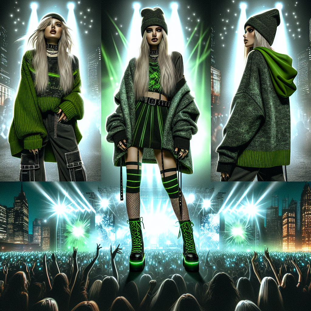 Must-Wear Styles for Billie Eilish Concert 2024 Showcase a fashion compilation for a 2024 music concert. Incorporate edgy, free-spirited, layered styles with green and black colors dominating. The ensemble includes oversized sweaters, chunky boots, neon beanie, and black nail paint. A Caucasian, female model should be featured wearing these styles in a buzzing concert environment, her blonde hair styled in a messy, long bob and she should be experiencing the vibe of the concert encompassed by bright strobe lights, pulsing crowd and skyscrapers in the background. The atmosphere should reflect the feel of a big city night concert.