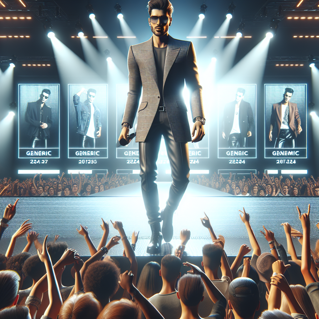 A hip, stylish generic male pop singer on stage during a future concert in 2024 showcasing must-have fashion trends. He is wearing a modern, chic suit and exudes an electrifying energy. The crowd is a sea of enthusiastic fans of various descents and genders, all basking in the music and stage lights. The overall feel of the image should be energetic, fashion-forward, and music-drenched.