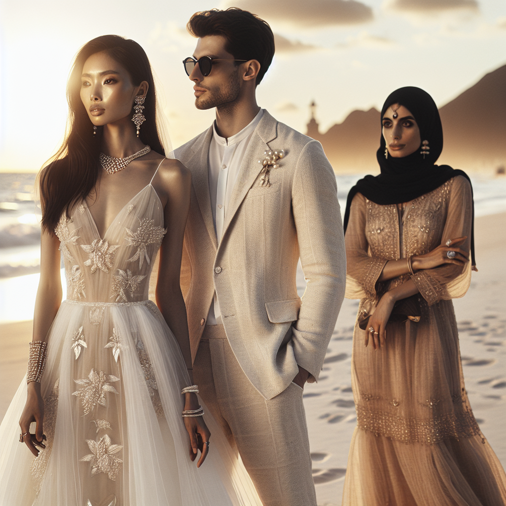 Stunning Beach Wedding Outfits: Effortless Elegance Visualize a scenic sunset beach setting, with the romantic aura of a wedding in full swing. Depict three people dressed in elegant wedding attire, embodying the peaceful beauty of the beach with their effortless styles. An Asian bride dons a flowing white dress with subtle hints of floral embroidery, complemented by her intricate pearl accessories. A Black groom, looking dashing in a light beige linen suit, perfect for the beach vibes, stands beside her. A Middle-Eastern woman is also present, clad in a sophisticated champagne-toned dress and delicate gold jewelry, merrily participating in the joyous event.